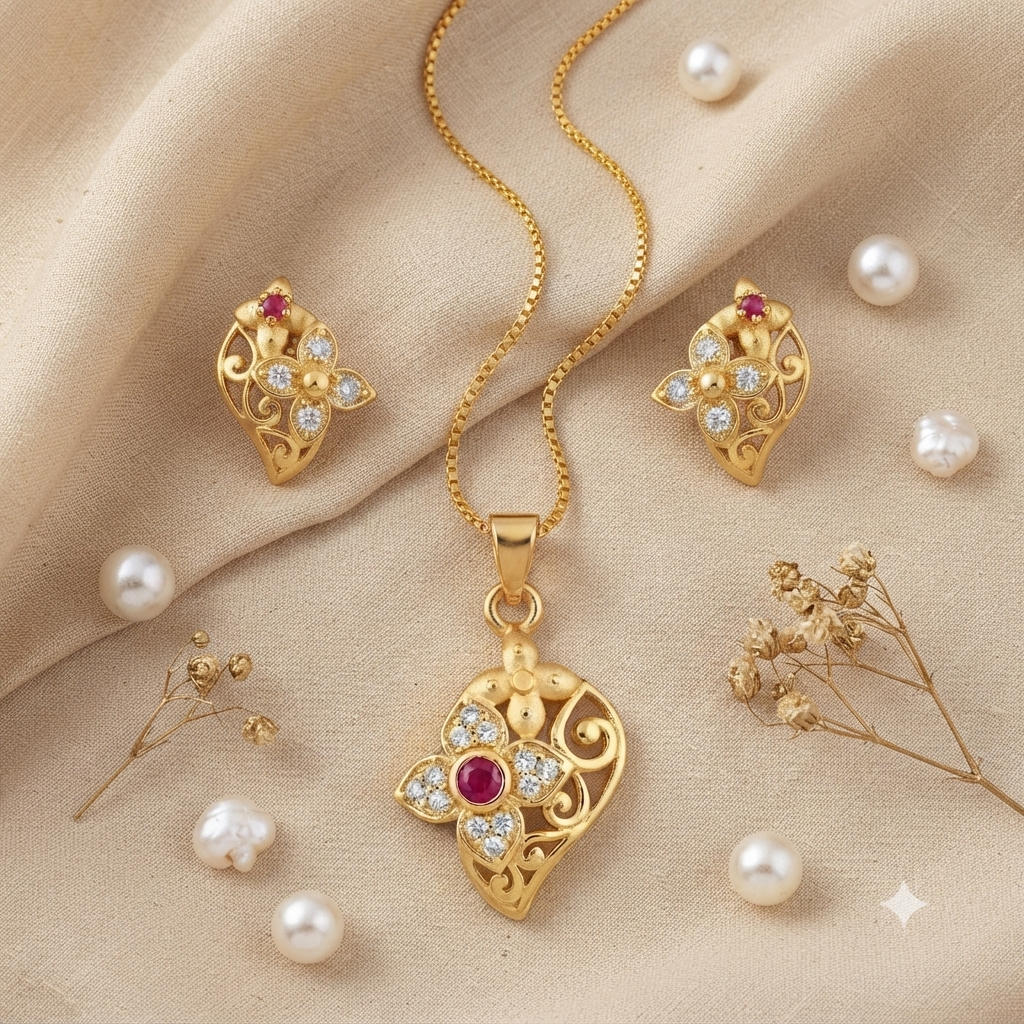 AD Chain Pendant Set | American Diamond Gold Plated Necklace – Bridal Trousseau & Gifting