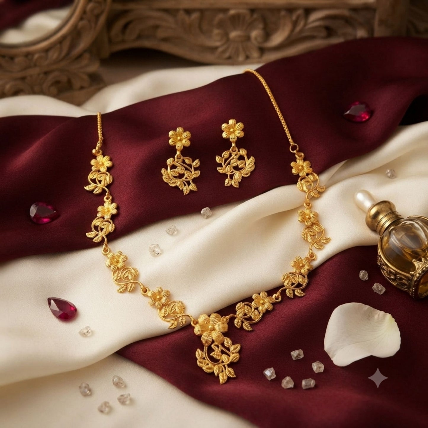 Gold Plated Floral Cluster Har Necklace Set | Leaf Detailing & Matching Earrings – Indian Bridal Jewellery