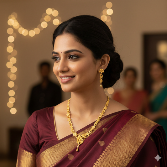 Gold Plated Interlink Har Necklace Set with Twisted Center Drop & Earrings