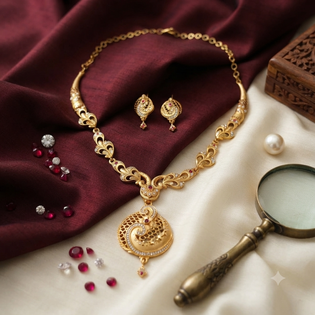 Antique Peacock Fan Ruby AD Necklace & Earring Set | Gold Plated Traditional Bridal Jewellery