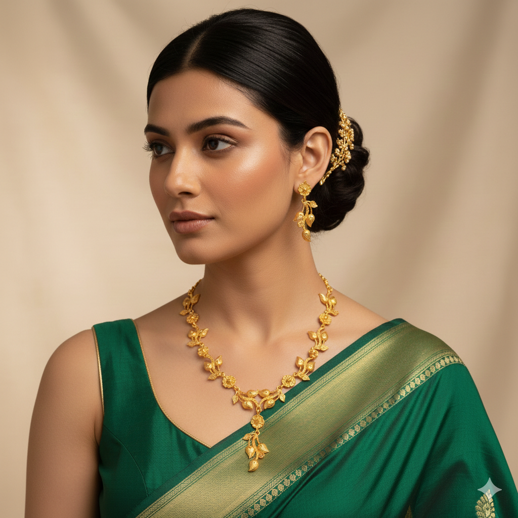 Gold Plated Floral Har Necklace Set with Matching Earrings – Traditional Indian Jewellery for Women