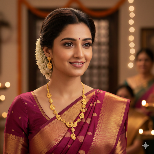 Gold Plated Leaf Motif Har Necklace Set with Drop Pendant & Earrings