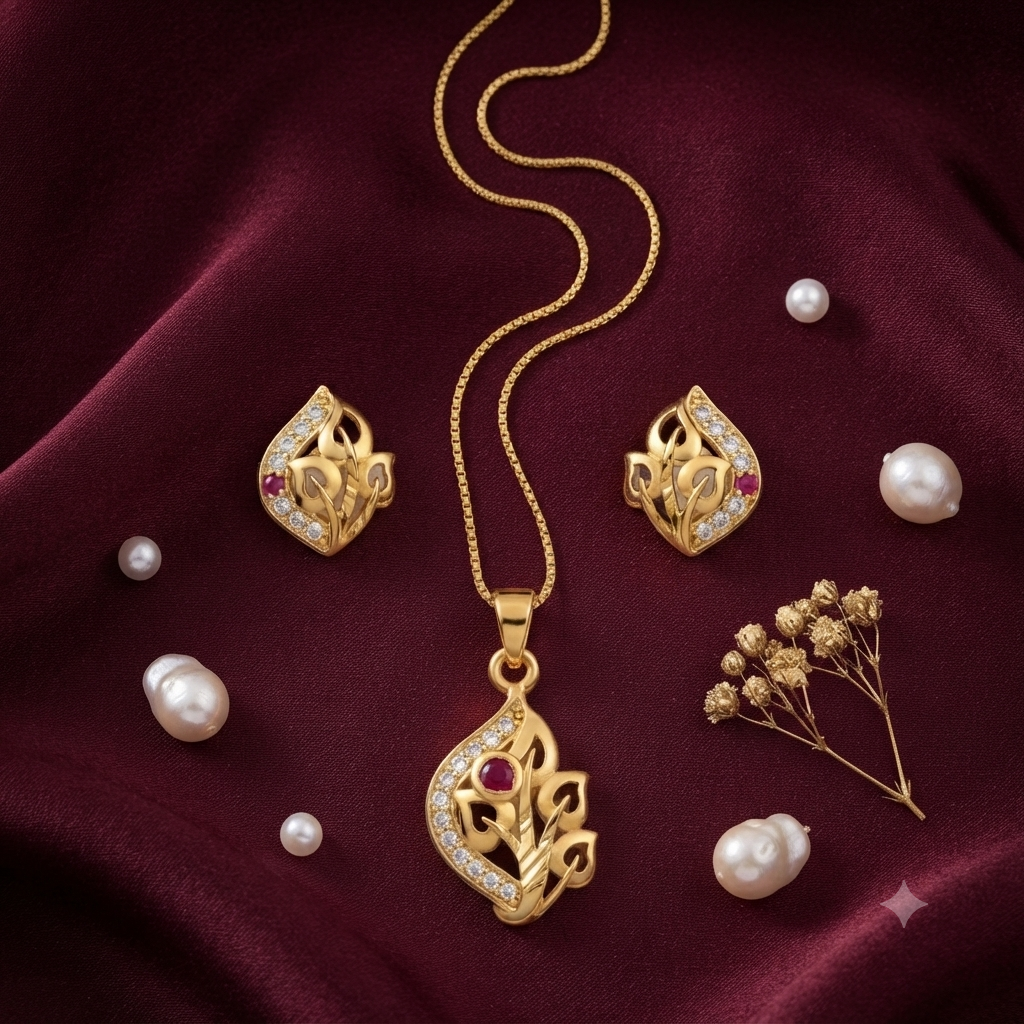 AD Chain Pendant Set | American Diamond Gold Plated Necklace with Pendant – Ethnic Jewellery