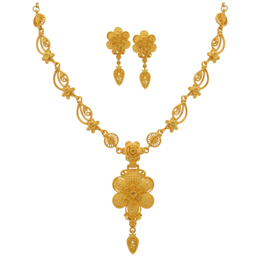 Traditional Gold Plated Har Set with Floral Drop Pendant & Earrings for Wedding Wear