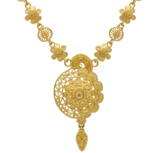Gold Plated Floral Medallion Har Necklace Set with Earrings