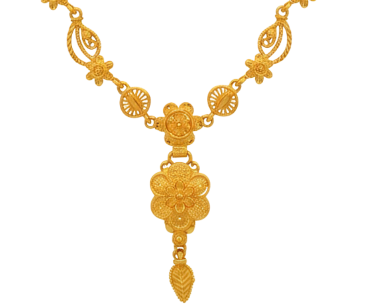 Gold Plated Link Har Necklace Set with Floral Drop & Earrings