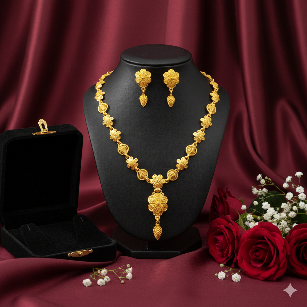 Gold Plated All-Floral Har Necklace Set with Elegant Drop & Earrings