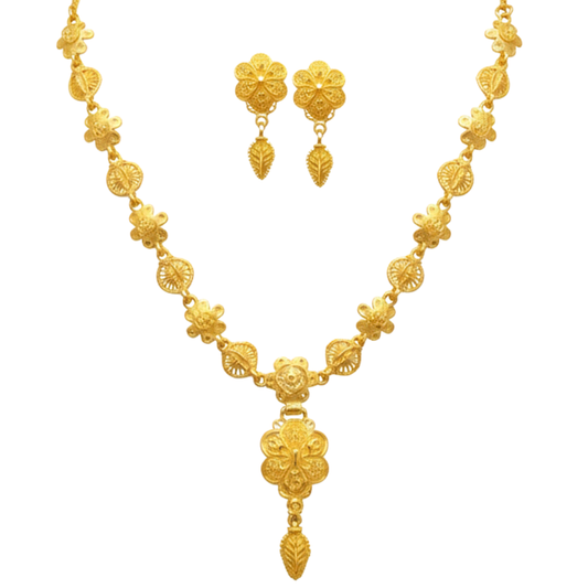 Gold Plated All-Floral Har Necklace Set with Elegant Drop & Earrings