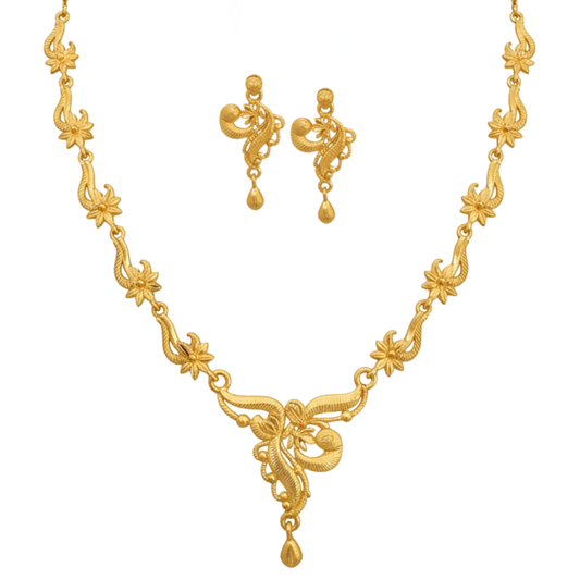 Gold Plated Floral Chain Har Necklace Set with Paisley Center Drop & Earrings
