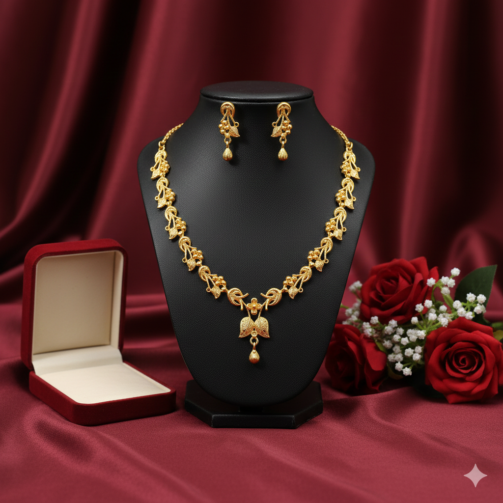 Gold Plated Loop Floral Har Necklace Set with Delicate Drop & Earrings