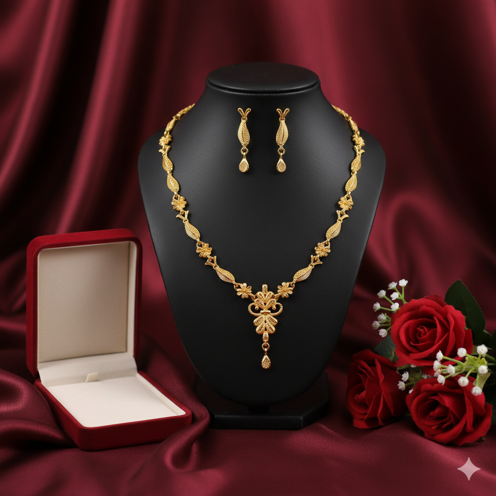 Gold Plated Leaf & Blossom Har Necklace Set with Graceful Center Drop and Earrings