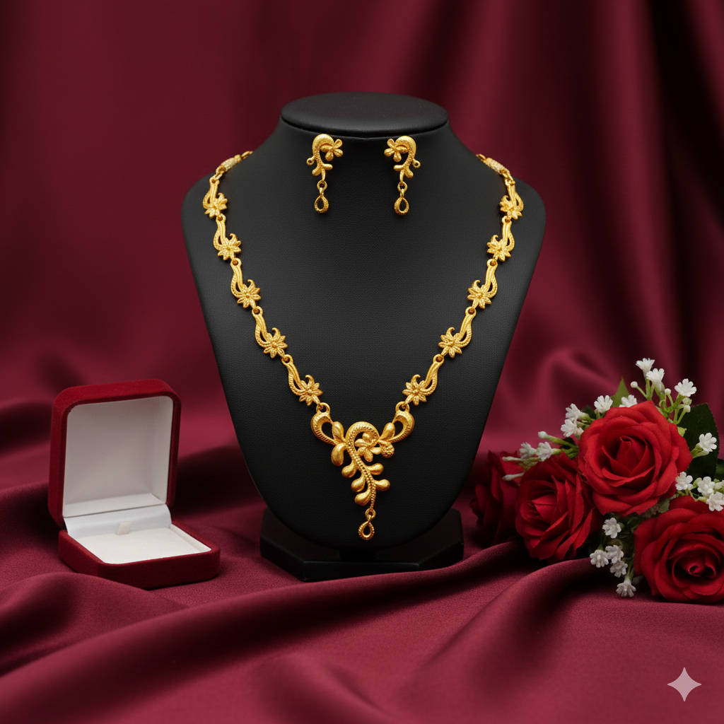 Gold Plated Vine Pattern Har Necklace Set with Sculpted Center Drop & Earrings