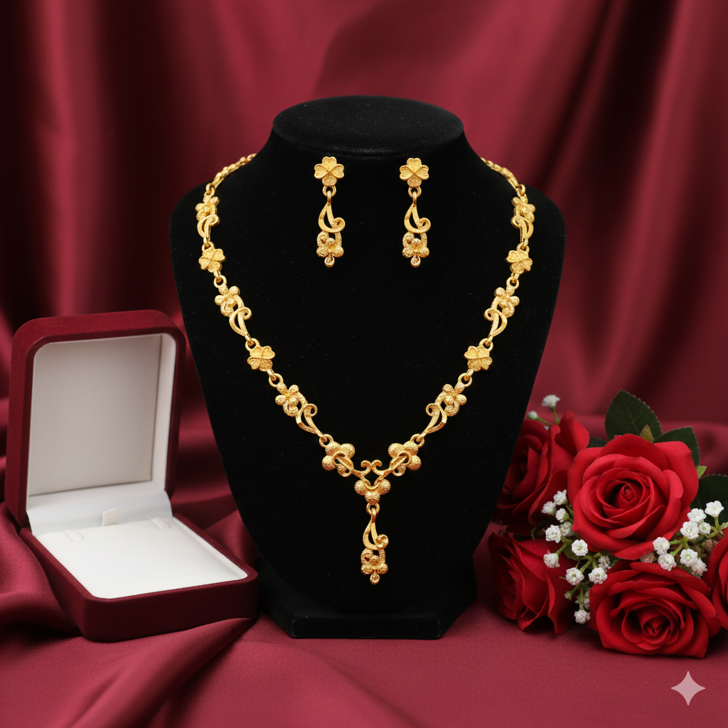 Gold Plated Floral Link Har Necklace Set with Curved Drop & Matching Earrings