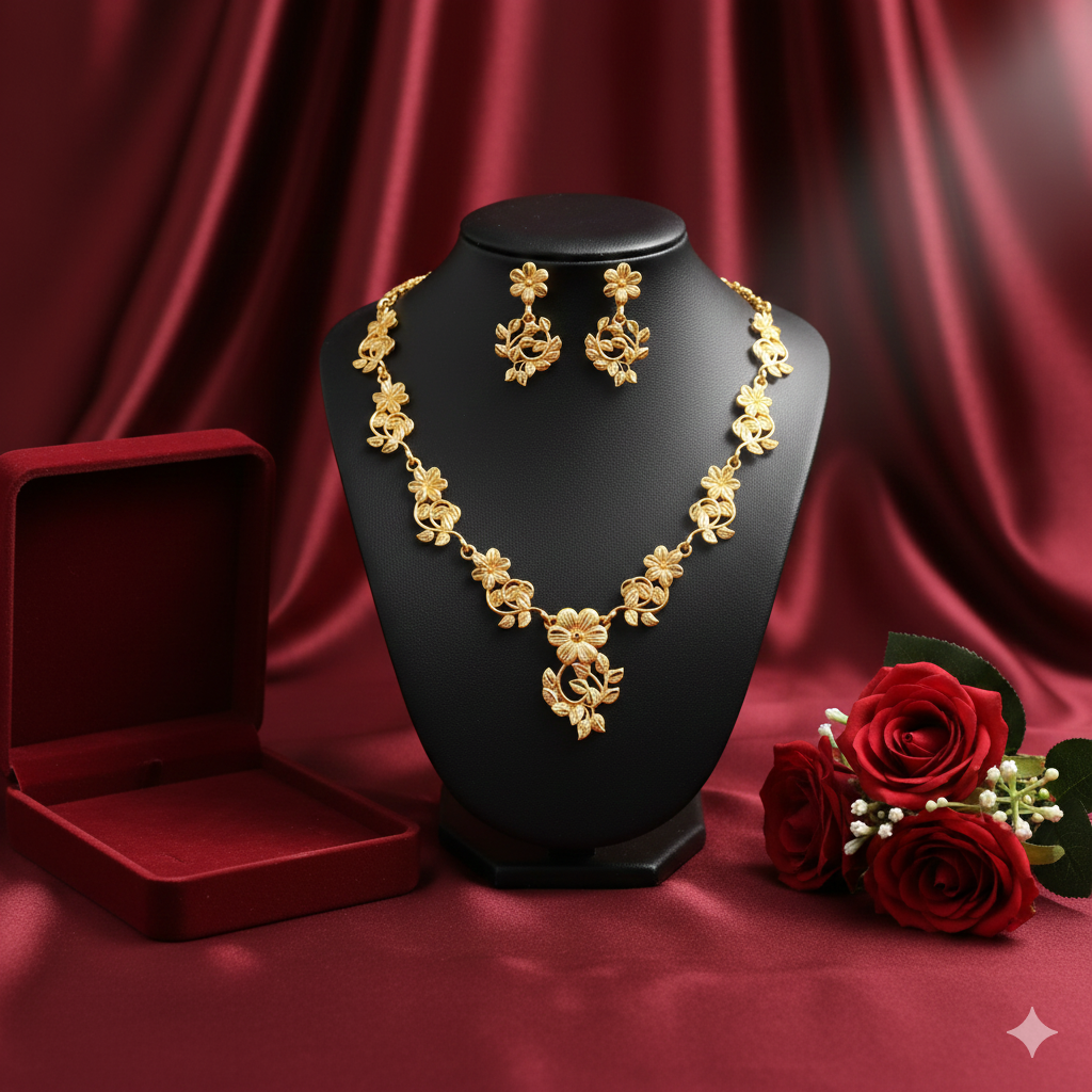 Gold Plated Floral Cluster Har Necklace Set with Leaf Detailing & Earrings