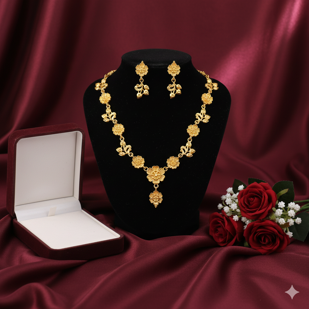 Gold Plated Floral Motif Har Necklace Set with Elegant Drop & Earrings