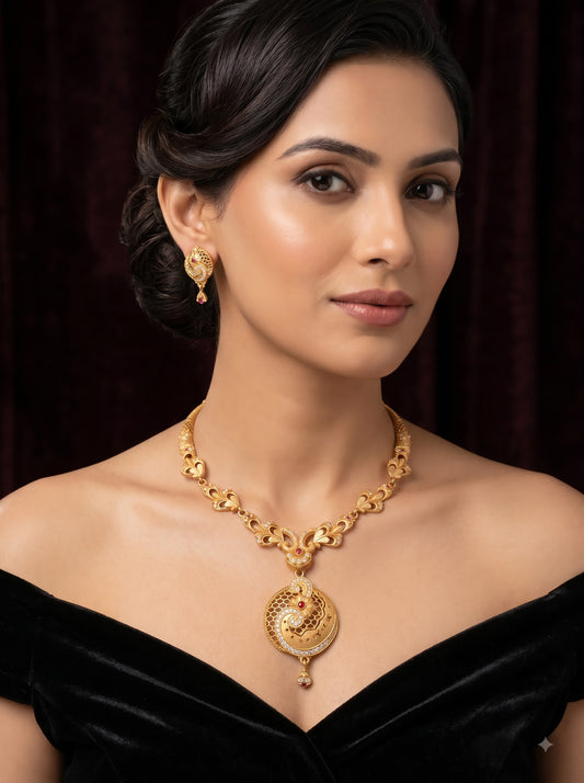 Antique Peacock Fan Ruby AD Necklace & Earring Set | Gold Plated Traditional Bridal Jewellery