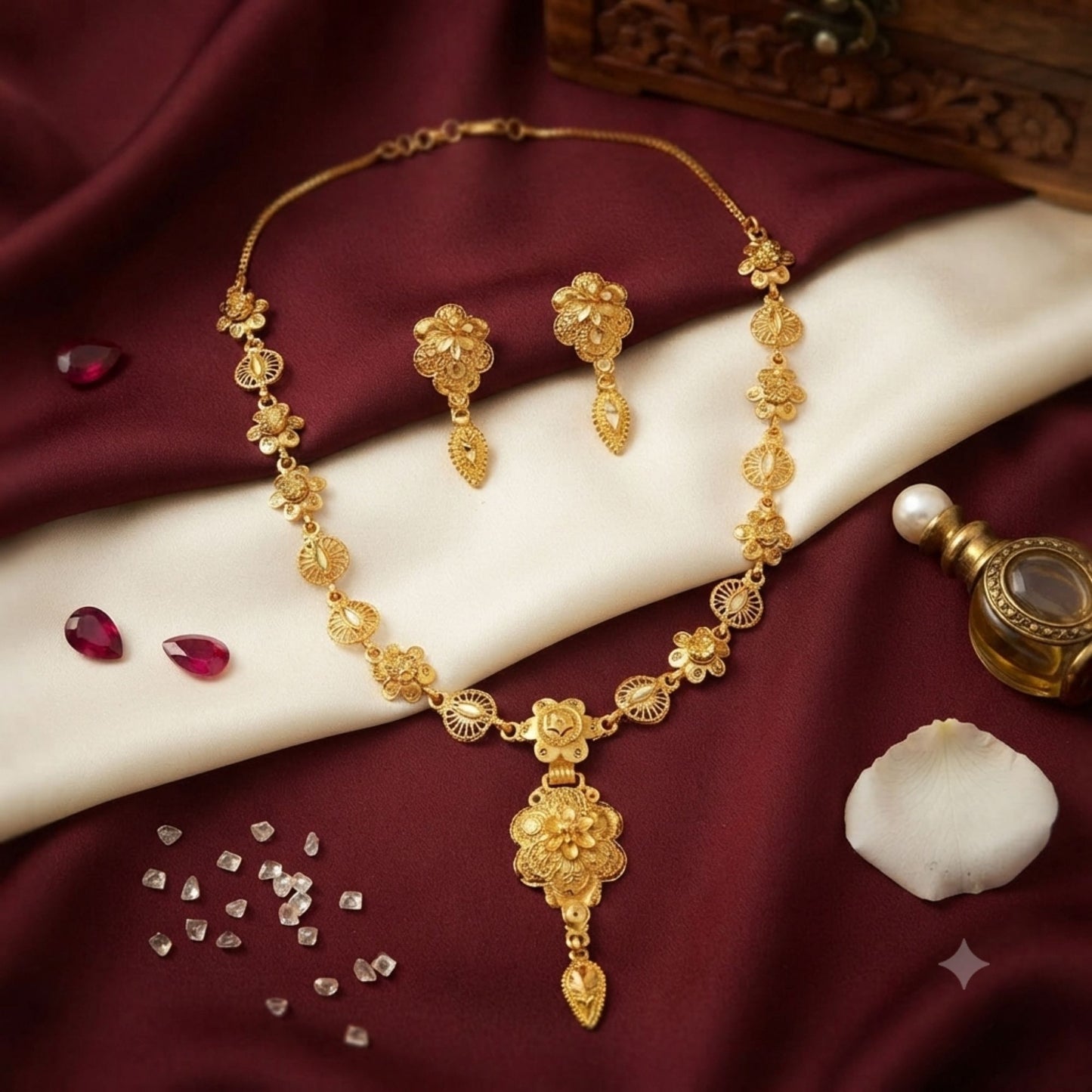 Gold Plated All-Floral Har Necklace Set | Elegant Drop & Matching Earrings – Indian Wedding Jewellery