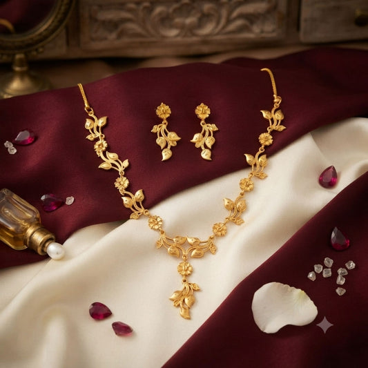 Gold Plated Floral Har Necklace Set with Matching Earrings – Traditional Indian Jewellery for Women