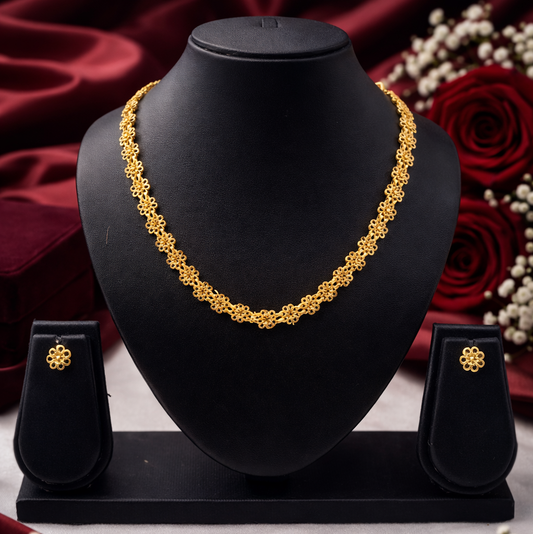 HKG Elegant Gold Plated Floral Chain Necklace Set with Stud Earrings