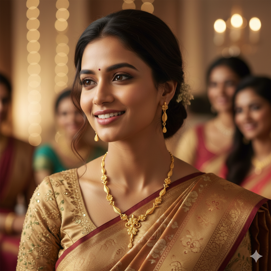 Gold Plated Leaf & Blossom Har Necklace Set with Graceful Center Drop and Earrings