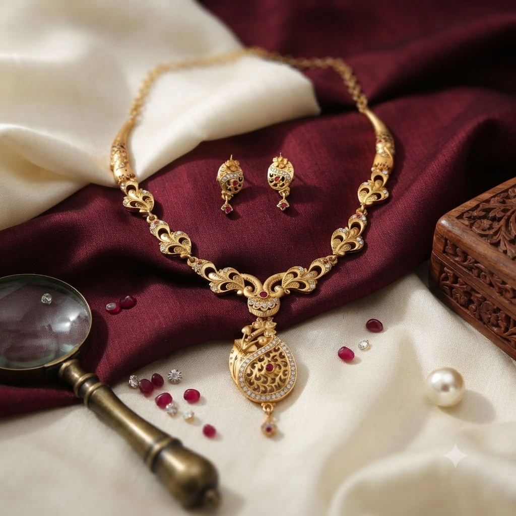 Antique Peacock Feather Teardrop Ruby AD Necklace & Earring Set | Gold Plated Bridal Jewellery