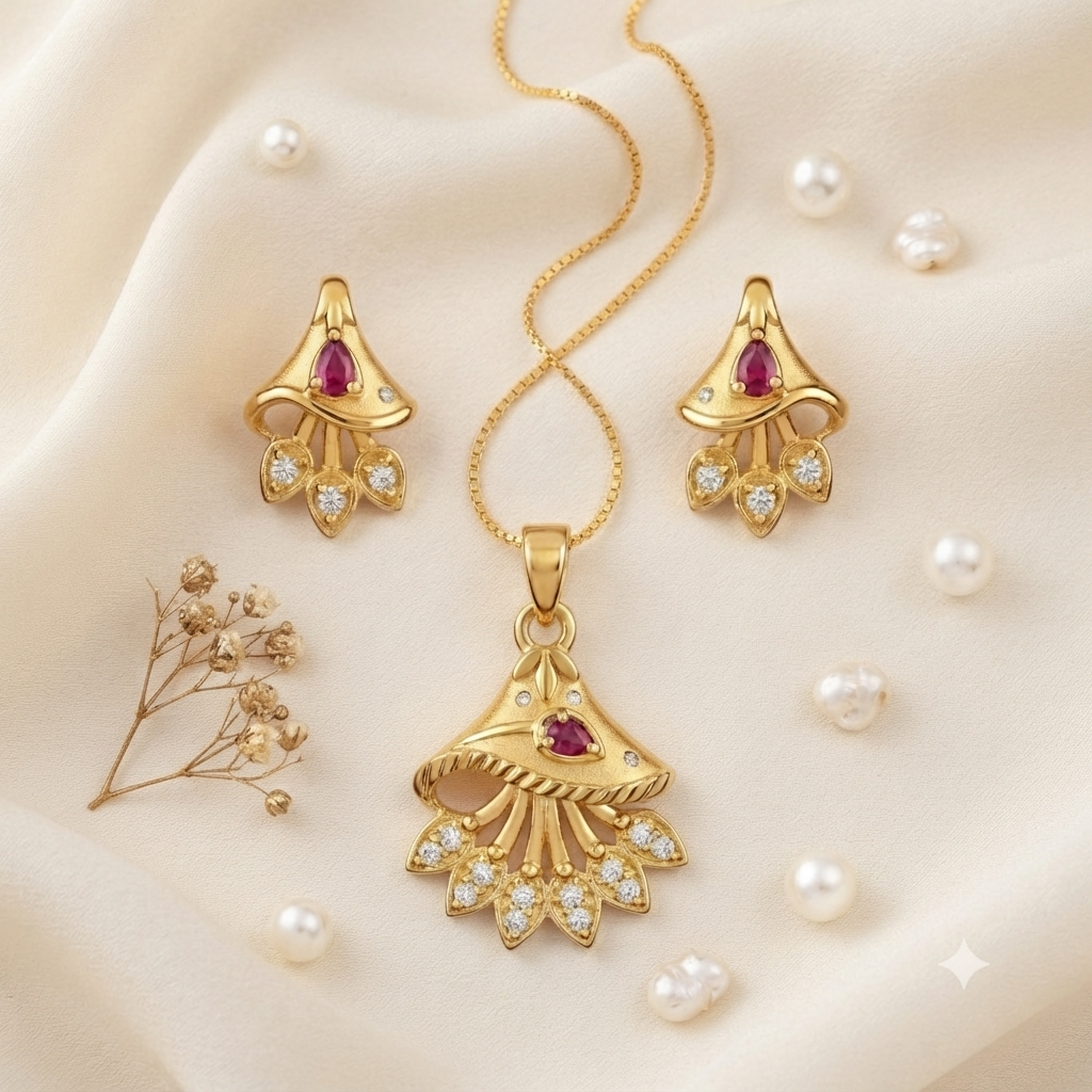 AD Chain Pendant Set – Gold-Plated American Diamond Jewellery for Women