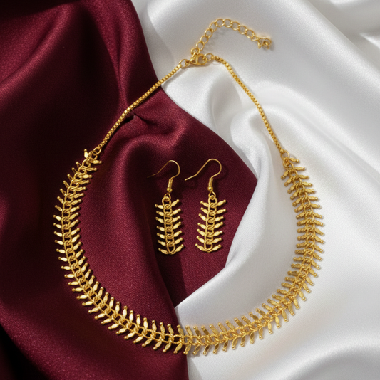 Gold Plated Scorpio Har Set with Leaf Design Necklace & Dangle Earrings