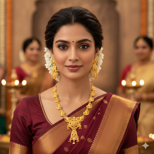 Antique-Style Gold Plated Har Necklace Set with Temple Motif & Earrings