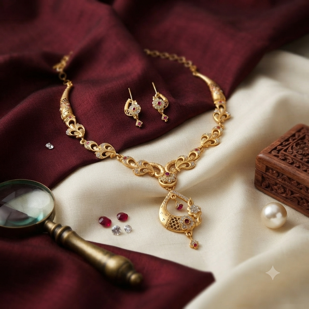 Ruby AD Necklace & Earring Set | Gold Plated Bridal Jewellery with Peacock Motif