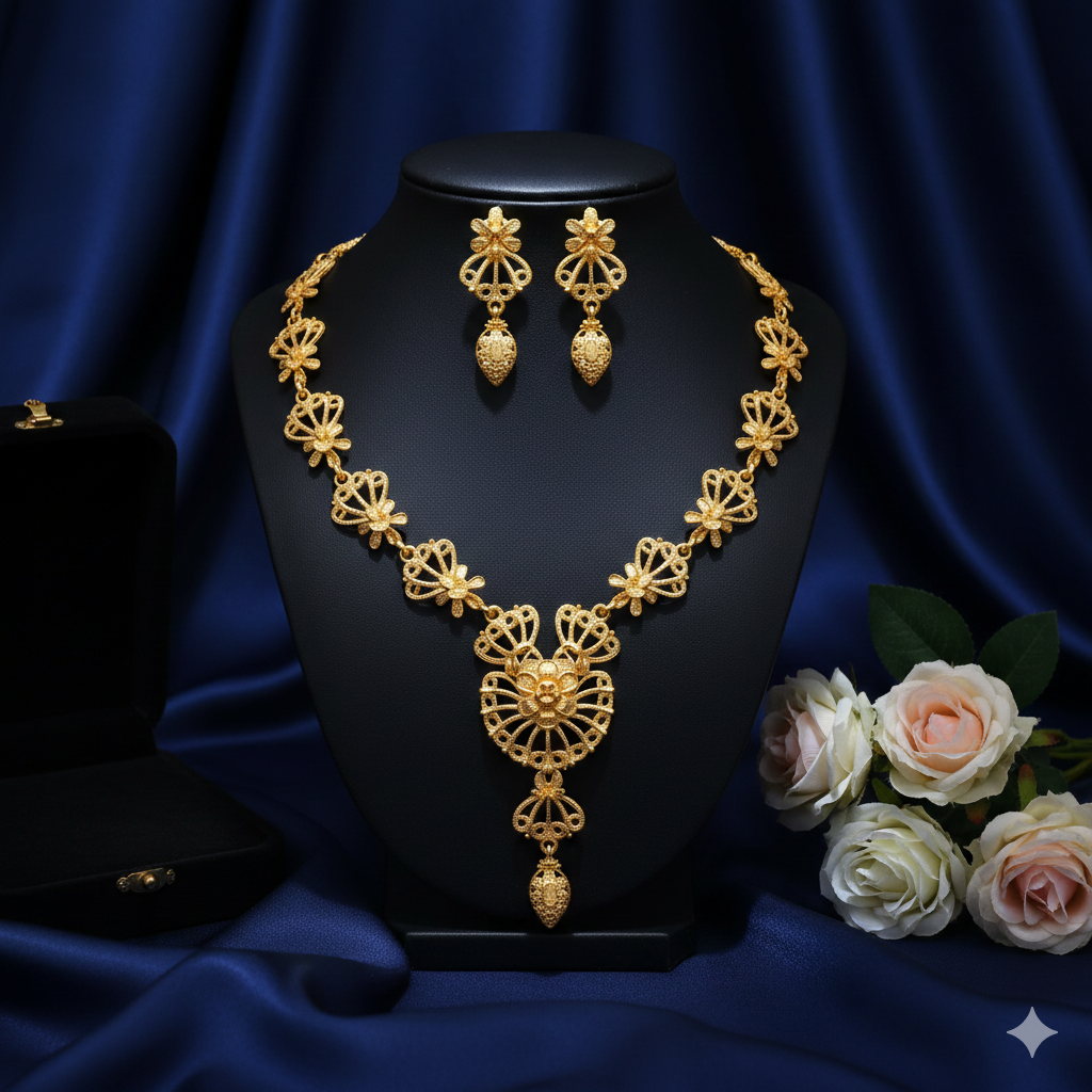 Gold Plated Floral Har Set with Earrings | Traditional Indian Necklace for Wedding & Festive Wear