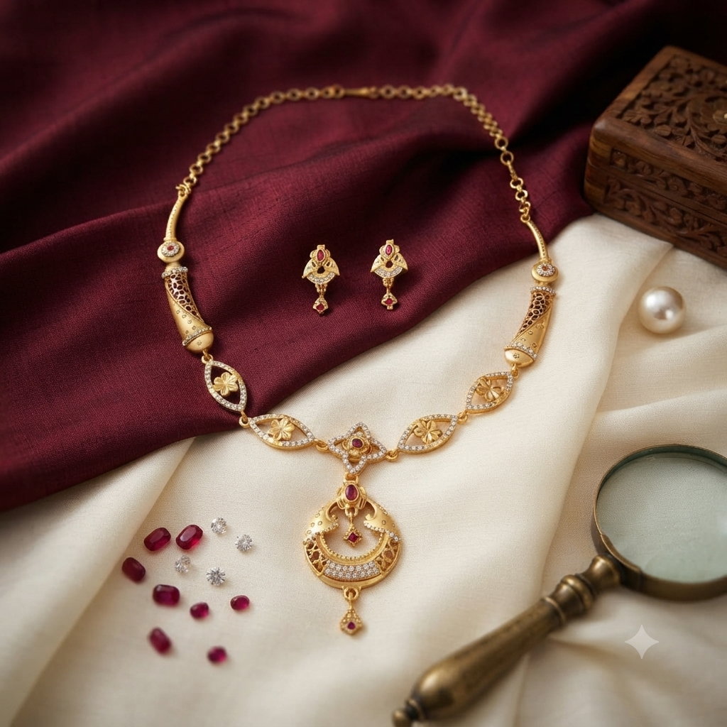 Marquise Floral Chand Bali Ruby AD Necklace & Earring Set | Gold Plated Bridal Jewellery