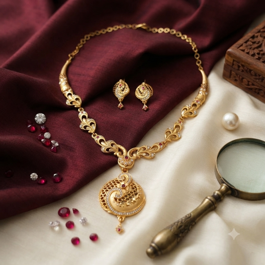 Antique Peacock Fan Ruby AD Necklace & Earring Set | Gold Plated Traditional Bridal Jewellery