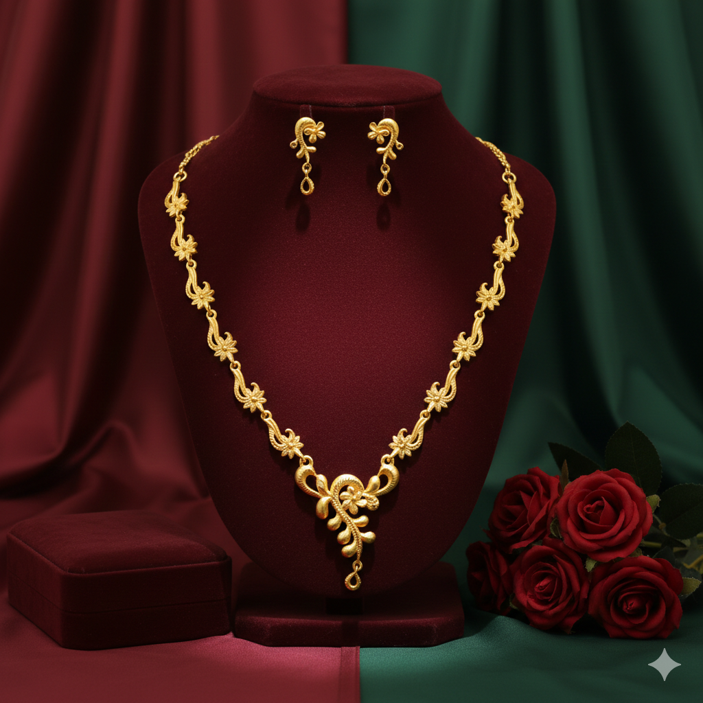 Gold Plated Vine Pattern Har Necklace Set with Sculpted Center Drop & Earrings