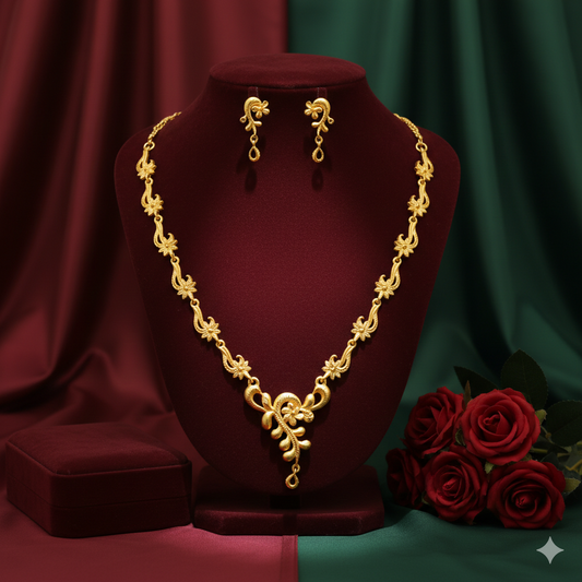 Gold Plated Vine Pattern Har Necklace Set with Sculpted Center Drop & Earrings