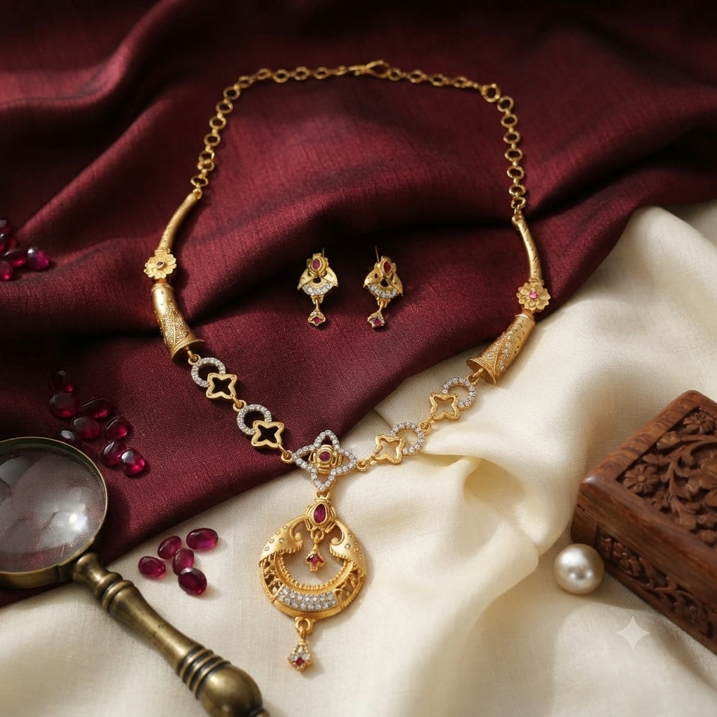 Clover Link Swan Pendant Ruby AD Necklace & Earring Set | Gold Plated Antique Bridal Jewellery