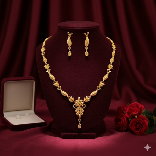 Gold Plated Leaf & Blossom Har Necklace Set with Graceful Center Drop and Earrings