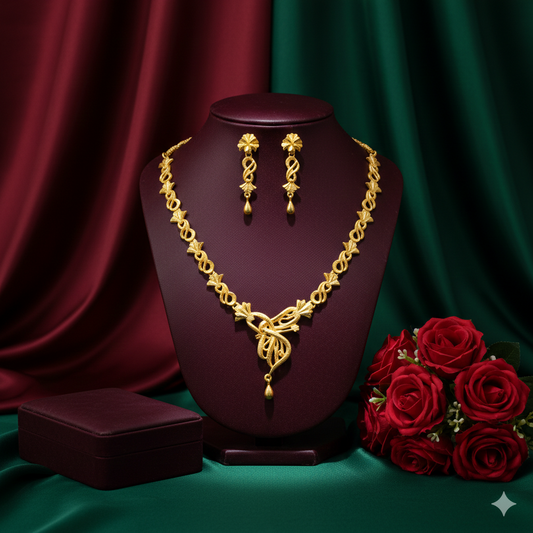 Gold Plated Interlink Har Necklace Set with Twisted Center Drop & Earrings