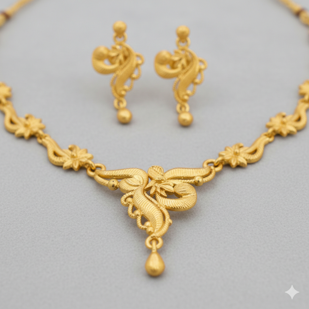 Gold Plated Floral Chain Har Necklace Set with Paisley Center Drop & Earrings