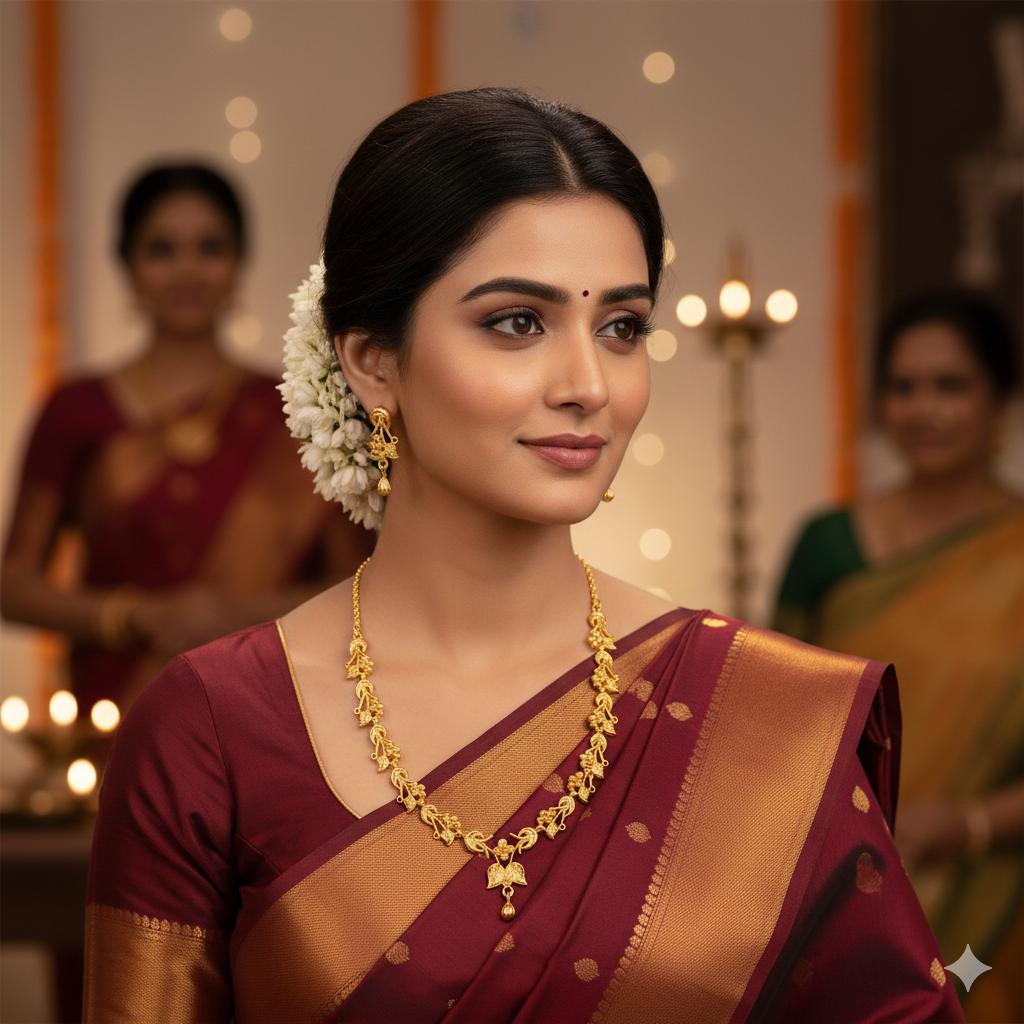 Gold Plated Loop Floral Har Necklace Set with Delicate Drop & Earrings