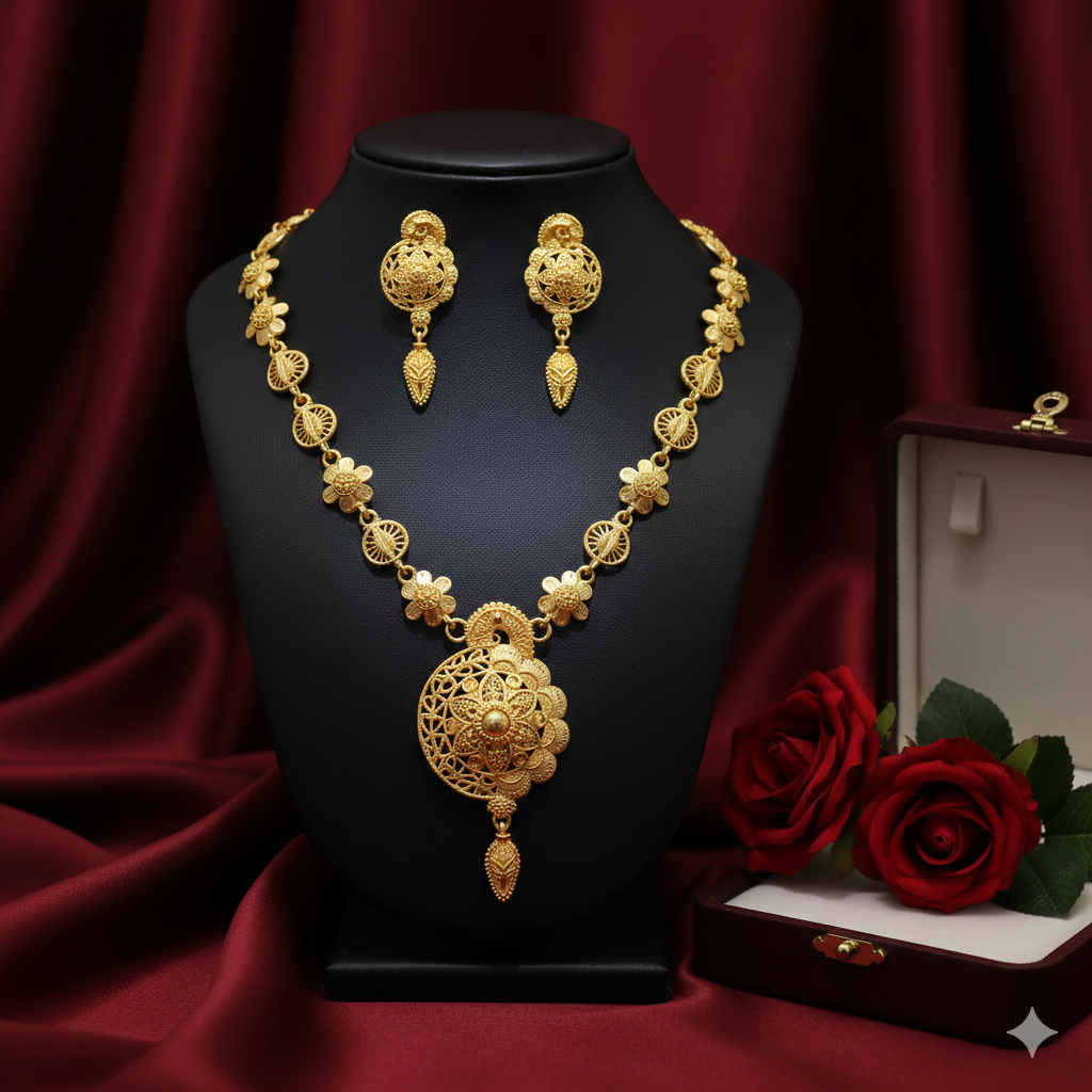 Gold Plated Floral Medallion Har Necklace Set with Earrings