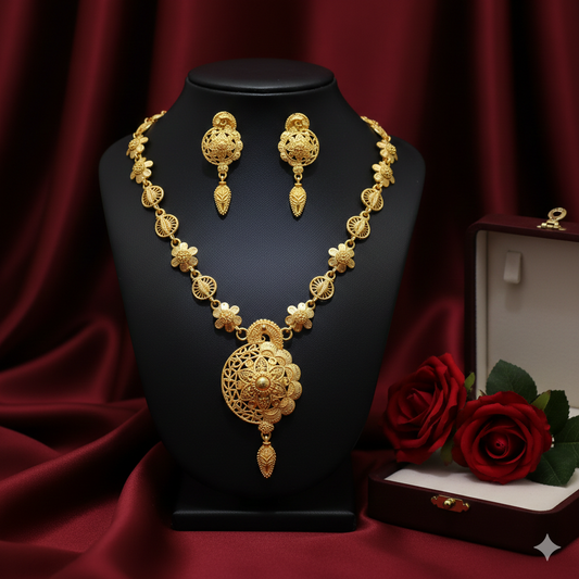 Gold Plated Floral Medallion Har Necklace Set with Earrings