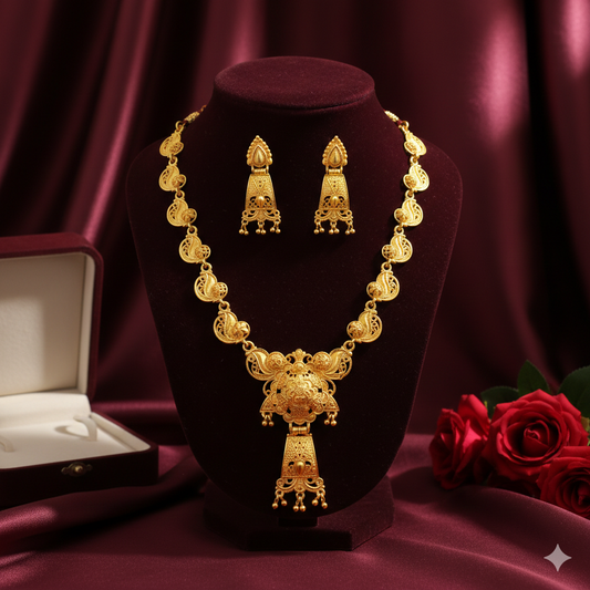 Antique-Style Gold Plated Har Necklace Set with Temple Motif & Earrings