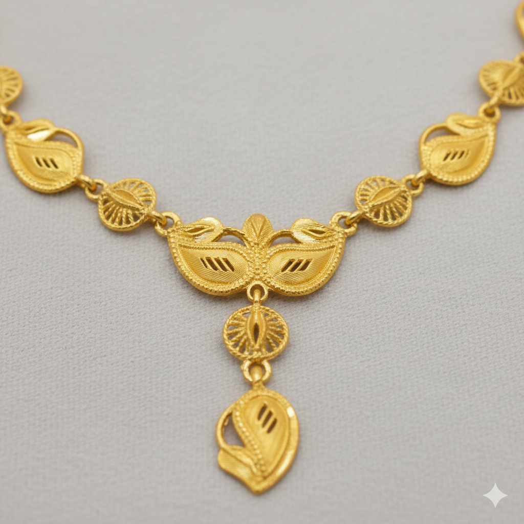 Gold Plated Leaf Motif Har Necklace Set with Drop Pendant & Earrings