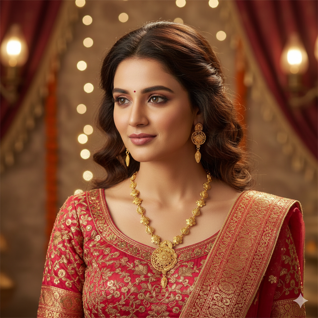 Gold Plated Floral Medallion Har Necklace Set with Earrings