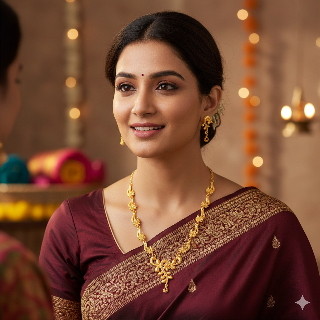 Gold Plated Vine Pattern Har Necklace Set with Sculpted Center Drop & Earrings