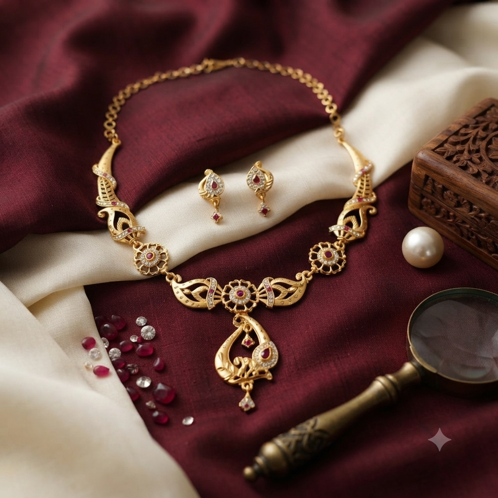 Floral Paisley Ruby AD Necklace & Earring Set | Gold Plated Peacock Bridal Jewellery