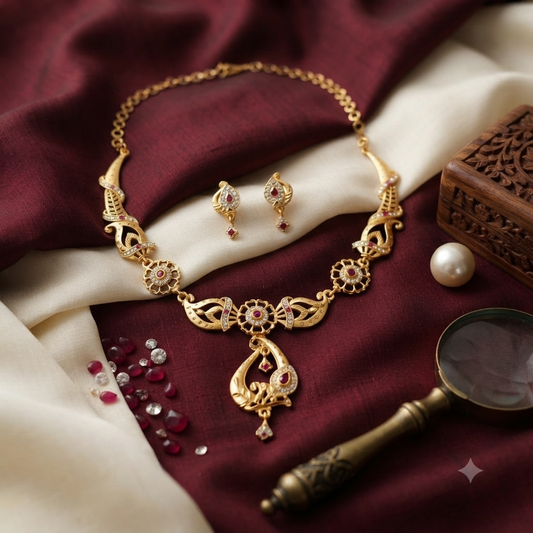 Floral Paisley Ruby AD Necklace & Earring Set | Gold Plated Peacock Bridal Jewellery