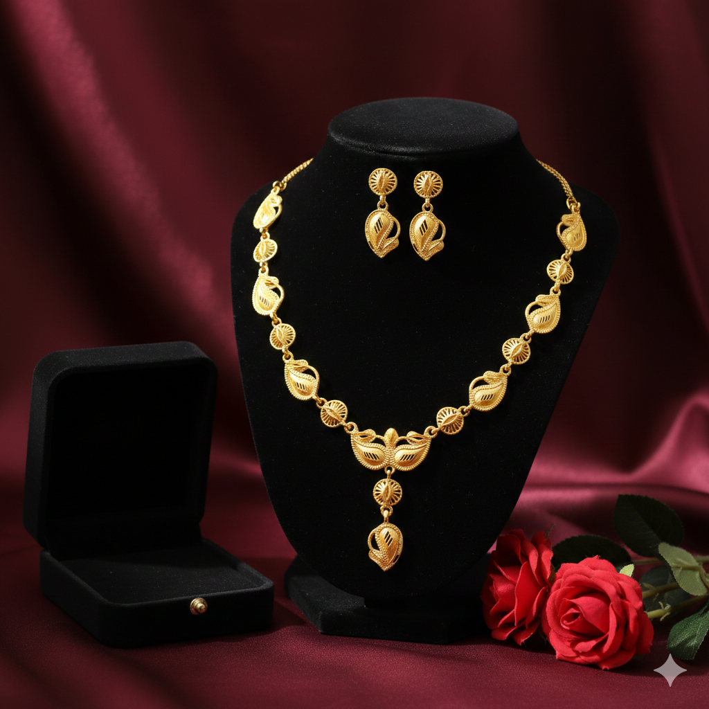 Gold Plated Leaf Motif Har Necklace Set with Drop Pendant & Earrings