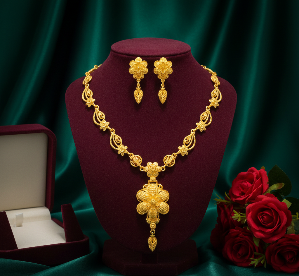 Traditional Gold Plated Har Set with Floral Drop Pendant & Earrings for Wedding Wear