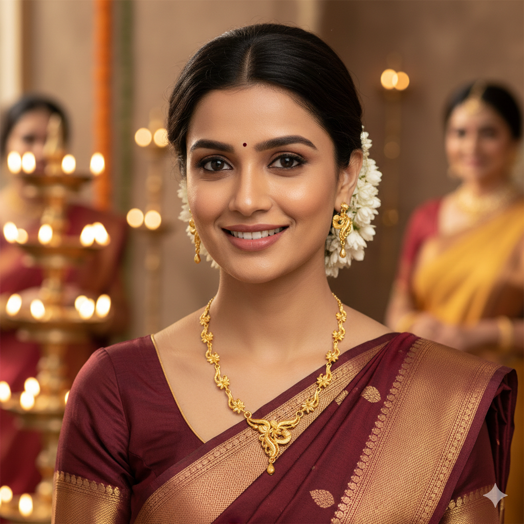 Gold Plated Floral Chain Har Necklace Set with Paisley Center Drop & Earrings